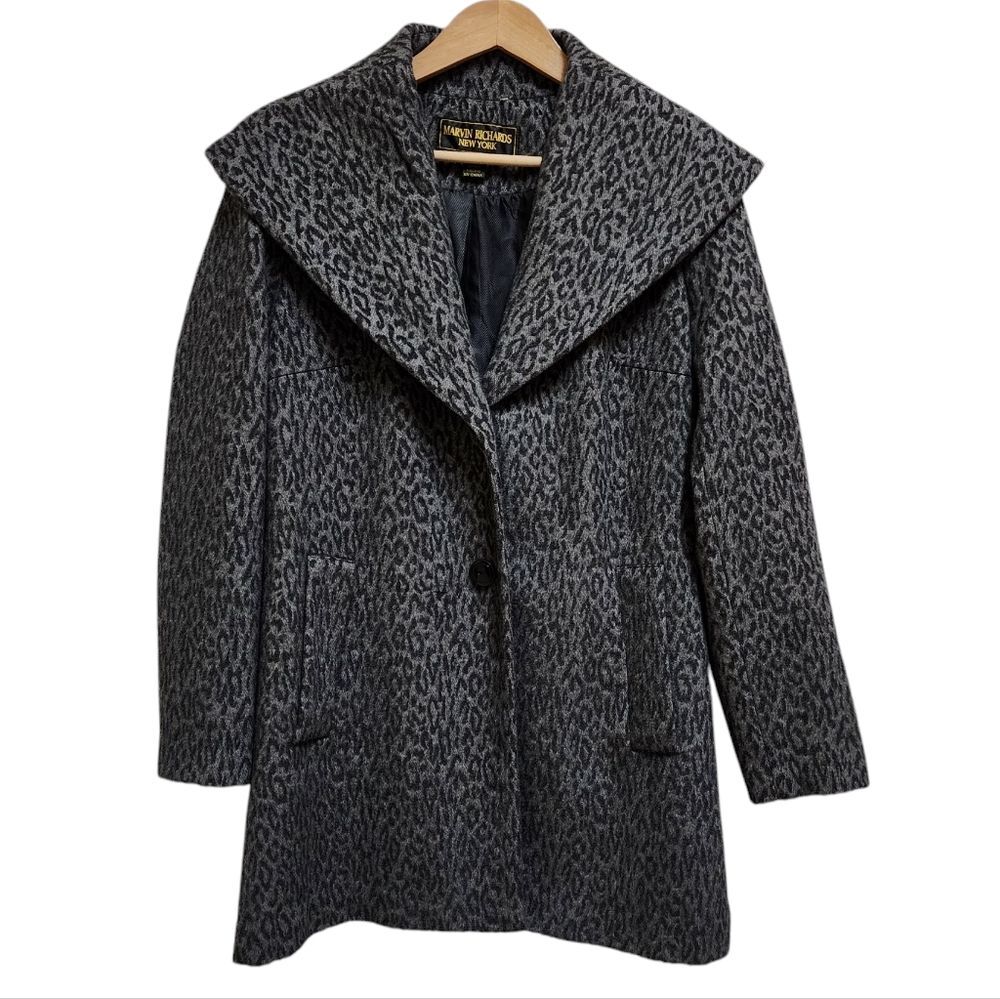 Marvin Richards Womens M Gray Black Wool Blend Leopard Print Coat Preppy Luxury